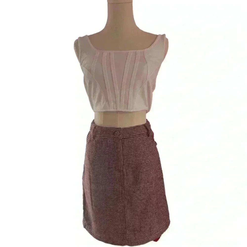 Cupcakes and Cashmere Wool Blend Plaid Houndstooth Skirt NWT Burgundy Cream
